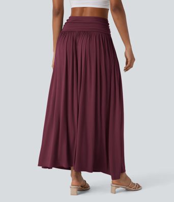 High Waisted Ruched Flowy Maxi Casual Skirt