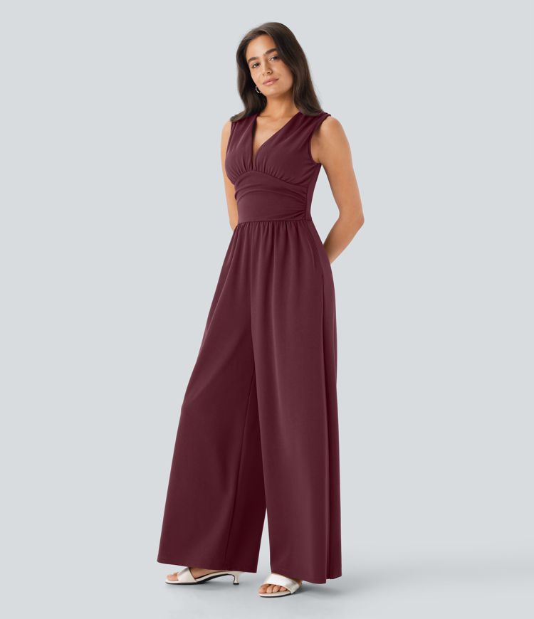Sleeveless V-neck ruched jumpsuit with pockets - Easy Peasy