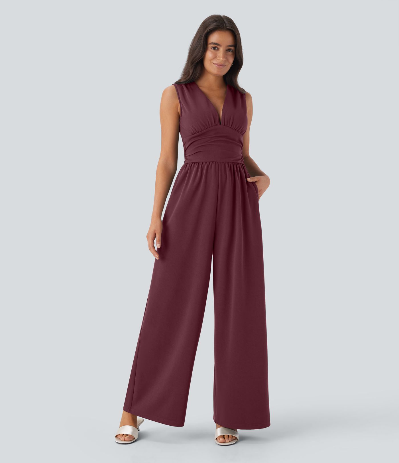 Sleeveless V-neck ruched jumpsuit with pockets - Easy Peasy