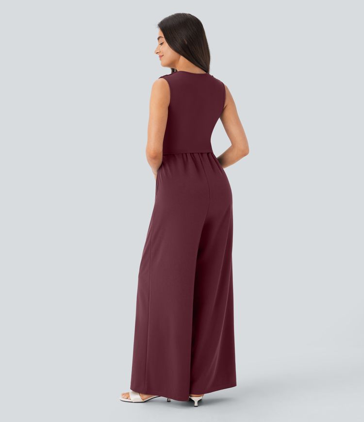 Sleeveless V-neck ruched jumpsuit with pockets - Easy Peasy