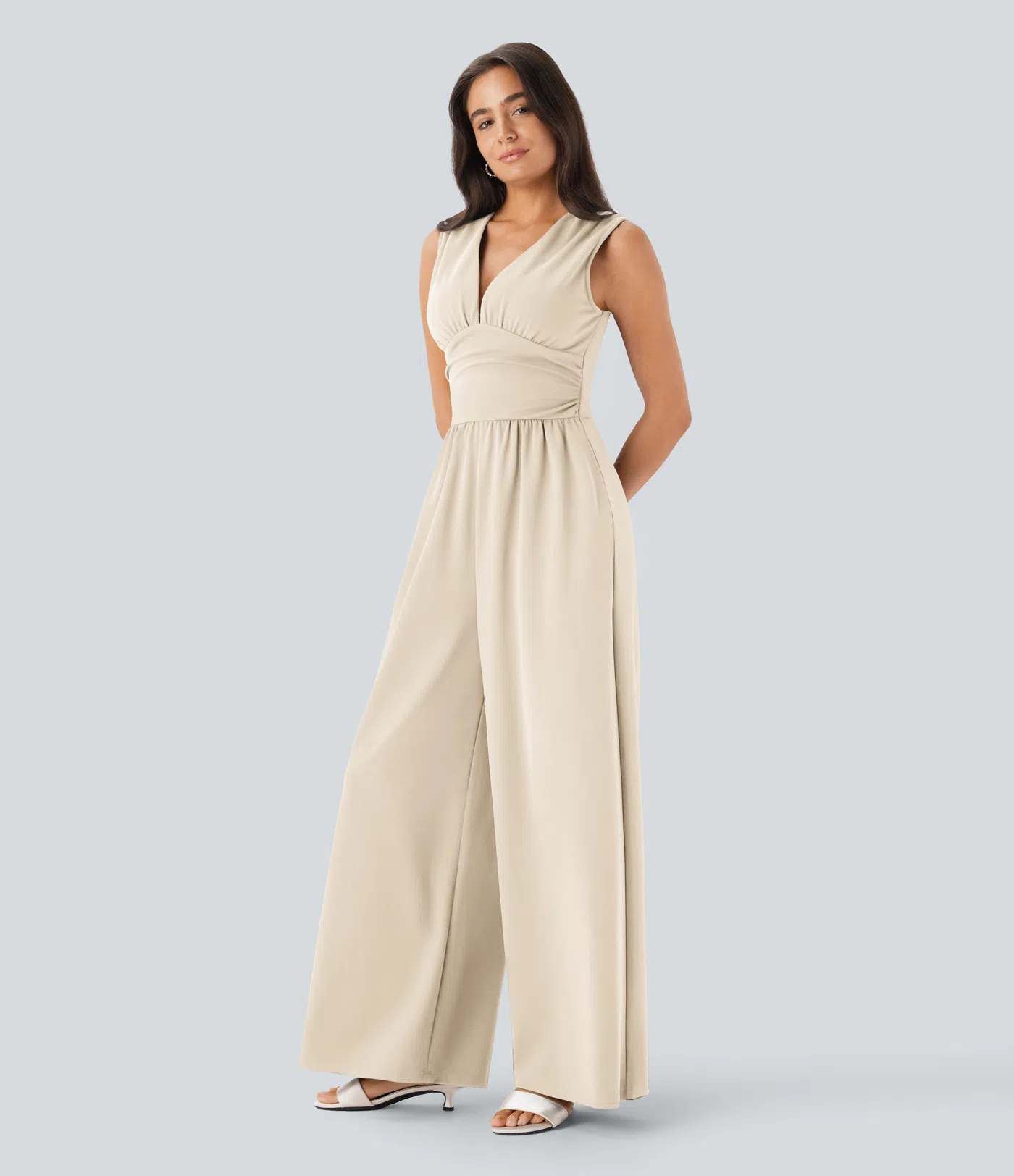 V Neck Sleeveless Ruched Side Pocket Invisible Zipper Party Jumpsuit-Easy Peezy