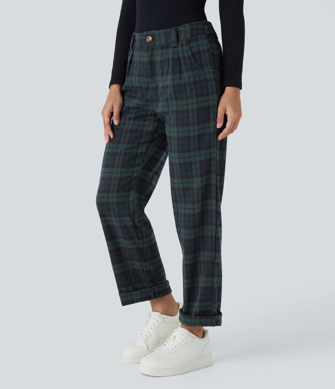 Mid waist button zipper side pocket check pattern straight casual pants