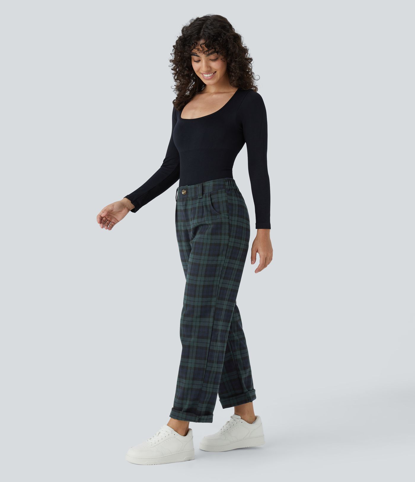 Mid waist button zipper side pocket check pattern straight casual pants