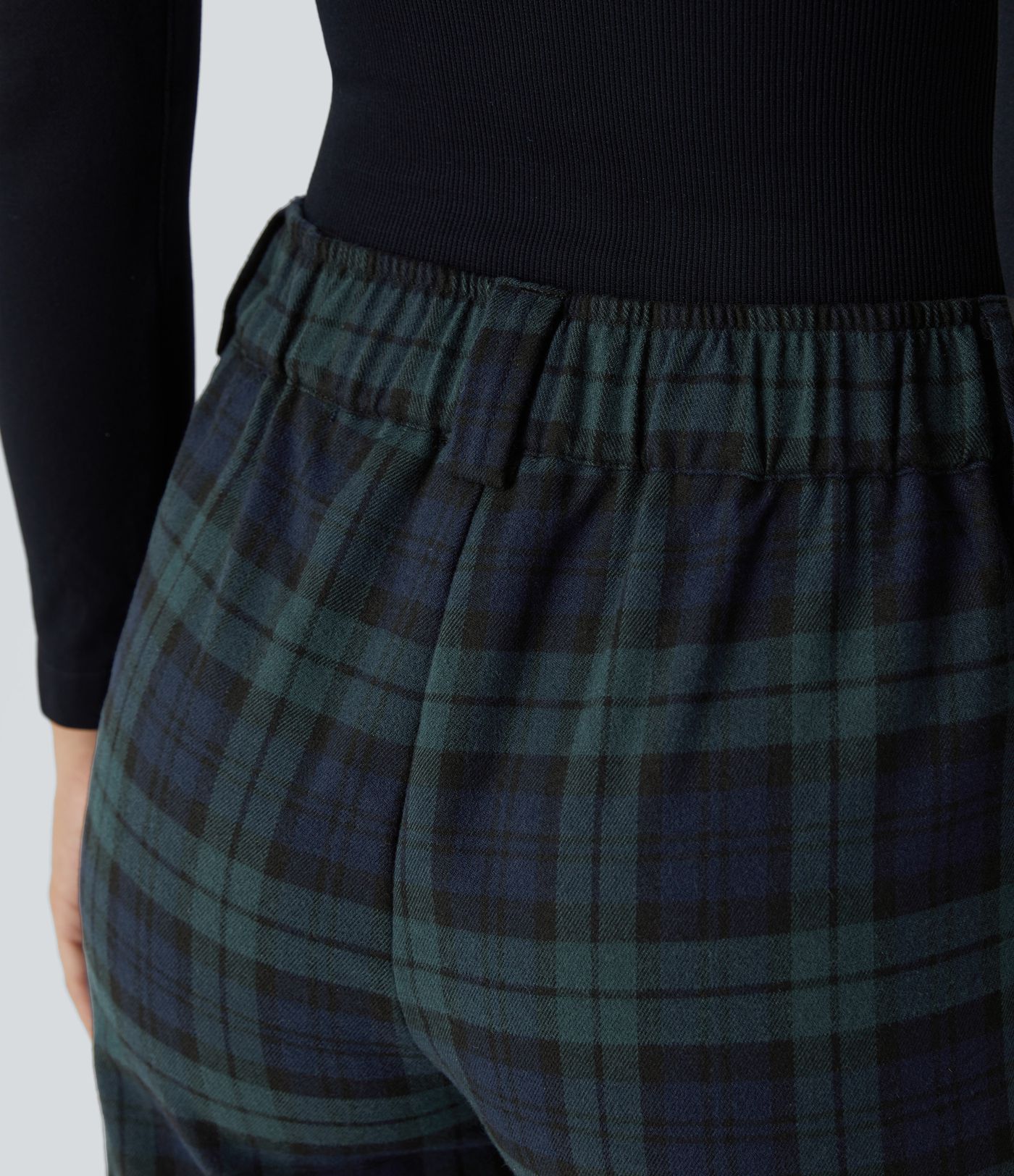 Mid waist button zipper side pocket check pattern straight casual pants