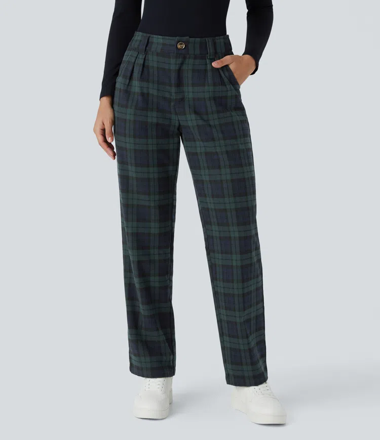 Mid waist button zipper side pocket check pattern straight casual pants