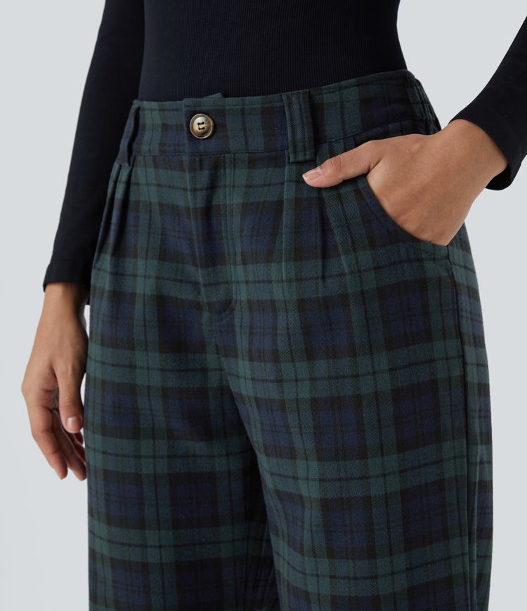 Pantalón tiro medio botón cremallera bolsillo lateral a cuadros de pierna recta