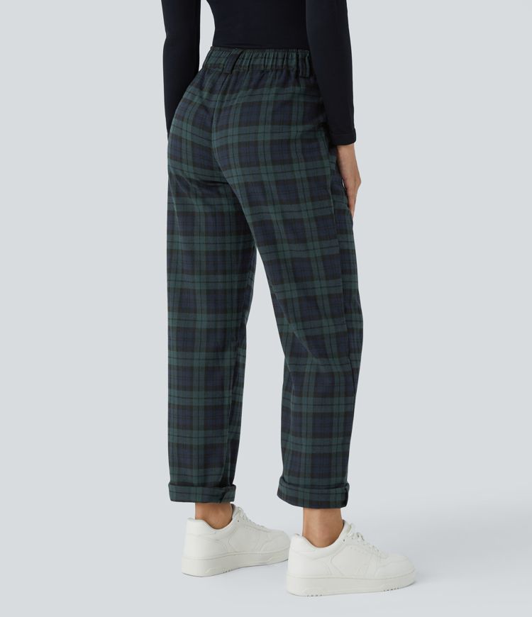 Mid Rise Button Zipper Side Pocket Plaid Straight Leg Casual Pants