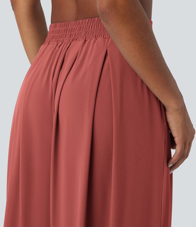 Breezeful™ Pantalon Large Fluide Taille Haute Plis Poches Latérales et Taille Élastique Séchage Rapide