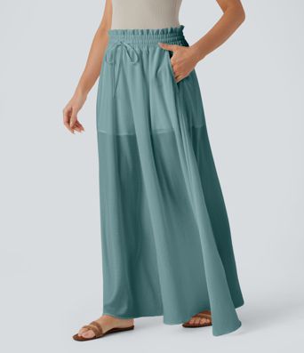 2-in-1-Stoffhose mit mittelhohem Bund, weitem Bein, Seitentasche und Rüschen, fließender Hose mit Leinen-Feeling 2-in-1-Stoffhose mit mittelhohem Bund, weitem Bein, Seitentasche und Rüschen, fließender Hose mit Leinen-Feeling