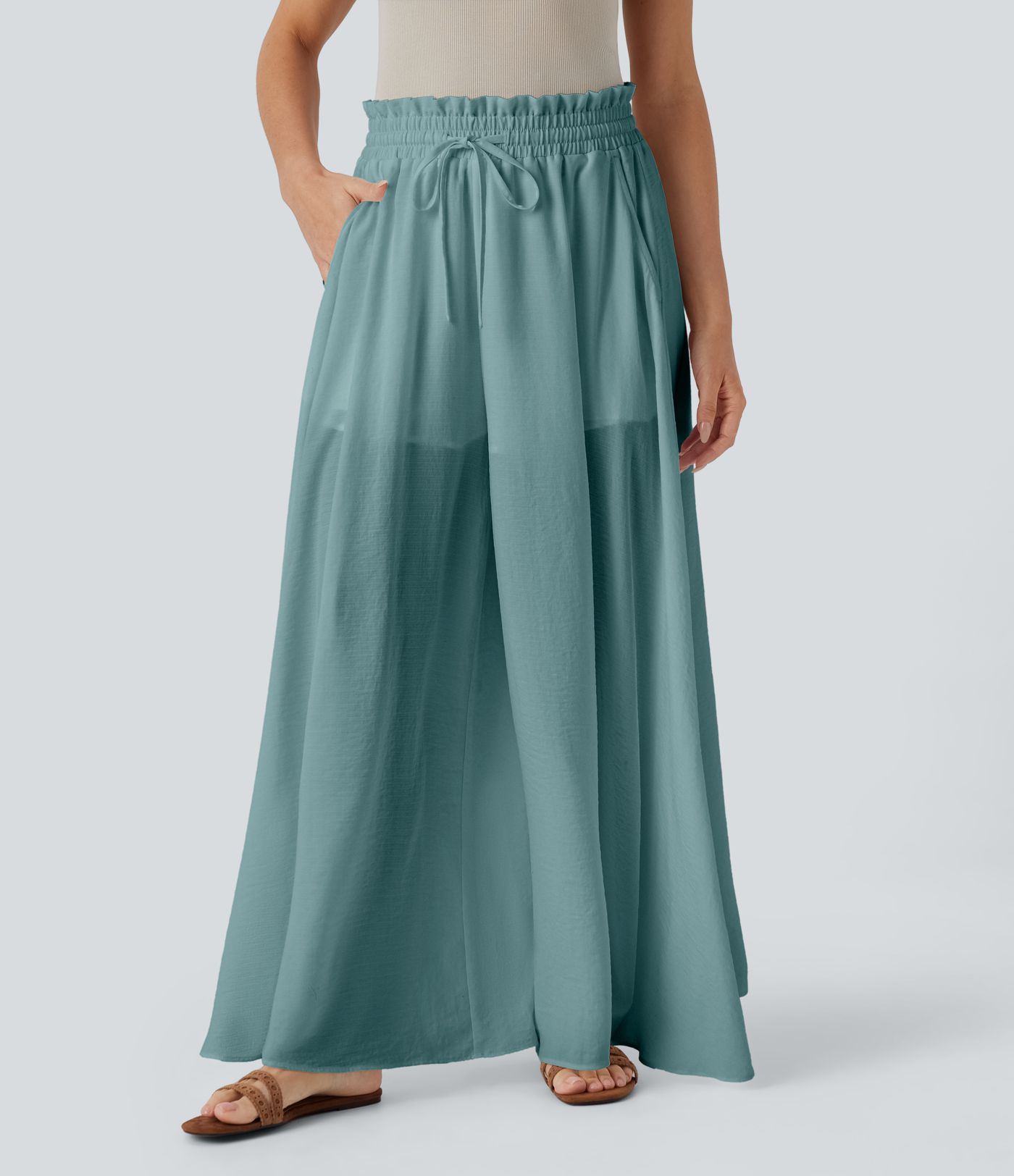 2-in-1-Stoffhose mit mittelhohem Bund, weitem Bein, Seitentasche und Rüschen, fließender Hose mit Leinen-Feeling 2-in-1-Stoffhose mit mittelhohem Bund, weitem Bein, Seitentasche und Rüschen, fließender Hose mit Leinen-Feeling