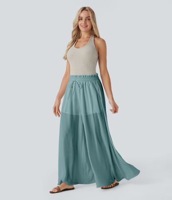 2-in-1-Stoffhose mit mittelhohem Bund, weitem Bein, Seitentasche und Rüschen, fließender Hose mit Leinen-Feeling 2-in-1-Stoffhose mit mittelhohem Bund, weitem Bein, Seitentasche und Rüschen, fließender Hose mit Leinen-Feeling