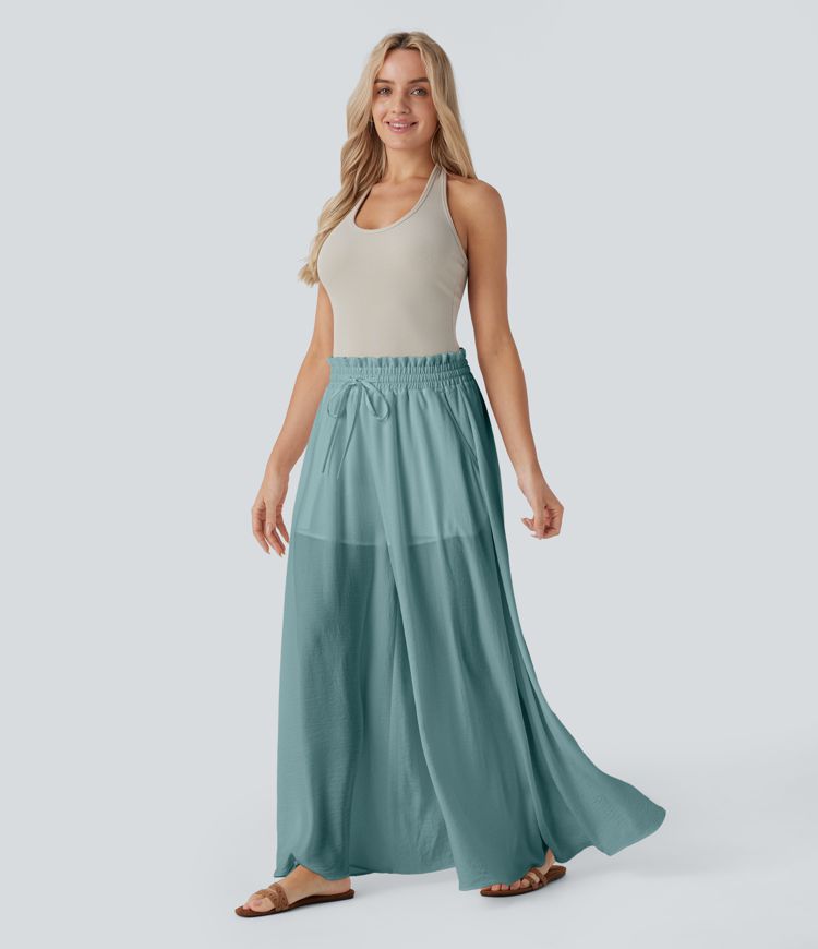 2-in-1-Stoffhose mit mittelhohem Bund, weitem Bein, Seitentasche und Rüschen, fließender Hose mit Leinen-Feeling 2-in-1-Stoffhose mit mittelhohem Bund, weitem Bein, Seitentasche und Rüschen, fließender Hose mit Leinen-Feeling