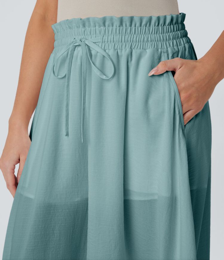 2-in-1-Stoffhose mit mittelhohem Bund, weitem Bein, Seitentasche und Rüschen, fließender Hose mit Leinen-Feeling 2-in-1-Stoffhose mit mittelhohem Bund, weitem Bein, Seitentasche und Rüschen, fließender Hose mit Leinen-Feeling