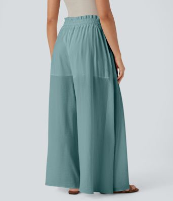 2-in-1-Stoffhose mit mittelhohem Bund, weitem Bein, Seitentasche und Rüschen, fließender Hose mit Leinen-Feeling 2-in-1-Stoffhose mit mittelhohem Bund, weitem Bein, Seitentasche und Rüschen, fließender Hose mit Leinen-Feeling