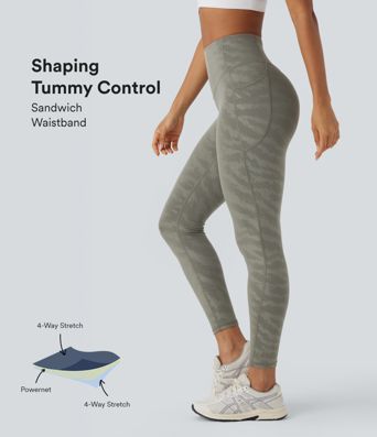 Leggings de yoga de camuflaje de tiro alto con moldeador de abdomen y bolsillos en longitud 7/8