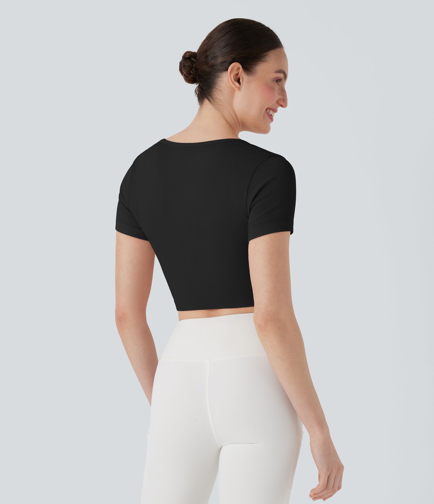 Ribbed Square Neck Short Sleeve Cropped Yoga Sports Top