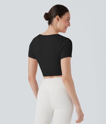 Ribbed Square Neck Short Sleeve Cropped Yoga Sports Top