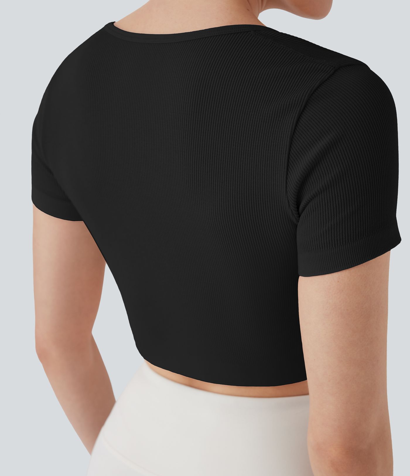 Ribbed Square Neck Short Sleeve Cropped Yoga Sports Top