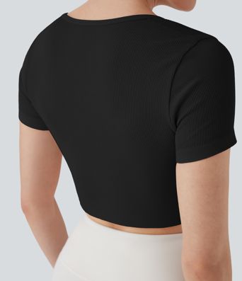 Ribbed Square Neck Short Sleeve Cropped Yoga Sports Top