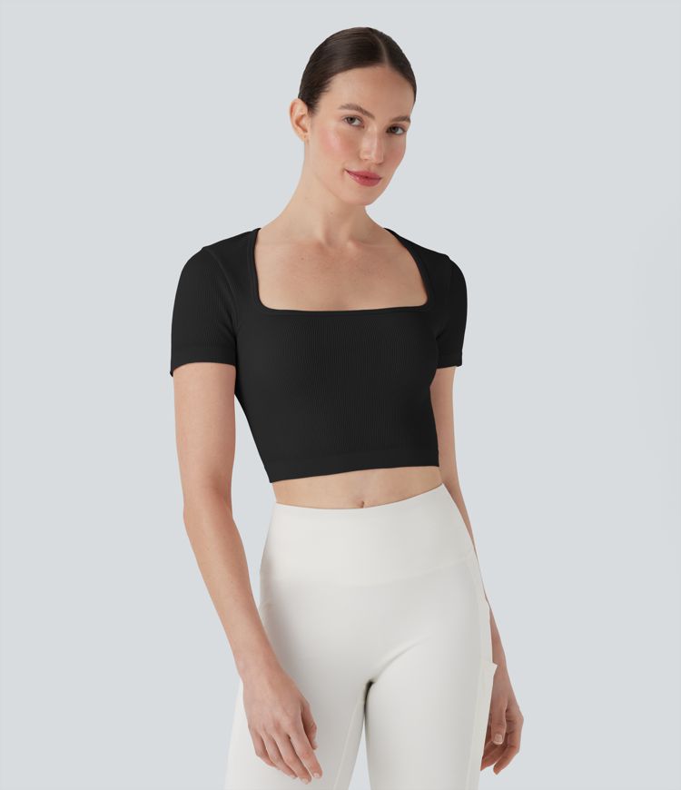 Ribbed Square Neck Short Sleeve Cropped Yoga Sports Top