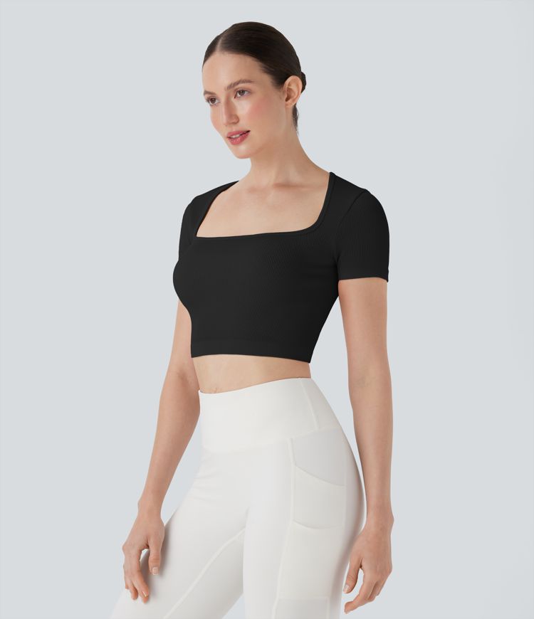 Ribbed Square Neck Short Sleeve Cropped Yoga Sports Top