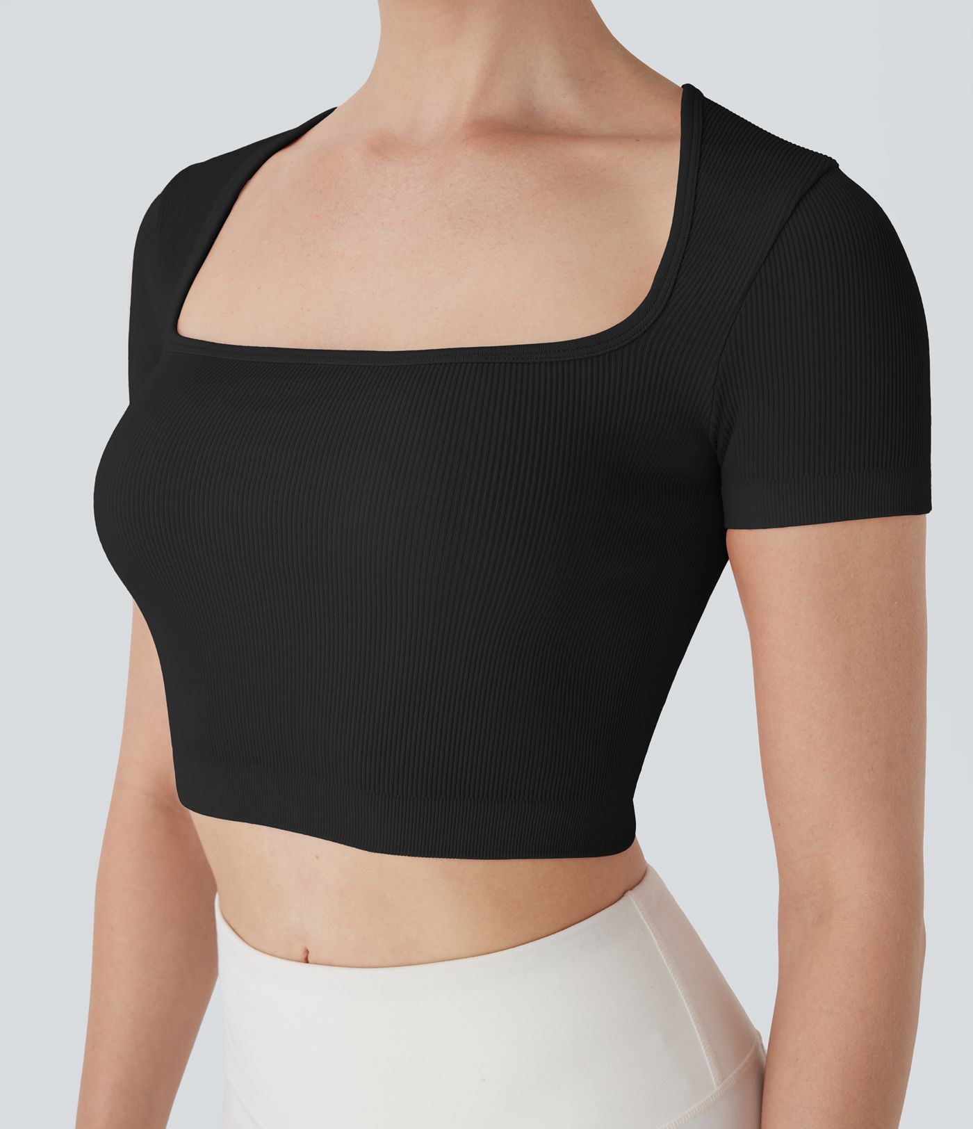 Ribbed Square Neck Short Sleeve Cropped Yoga Sports Top