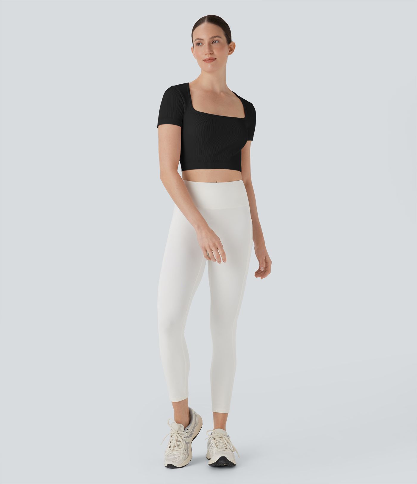 Ribbed Square Neck Short Sleeve Cropped Yoga Sports Top