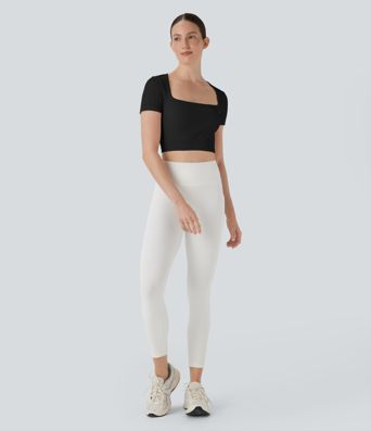 Ribbed Square Neck Short Sleeve Cropped Yoga Sports Top
