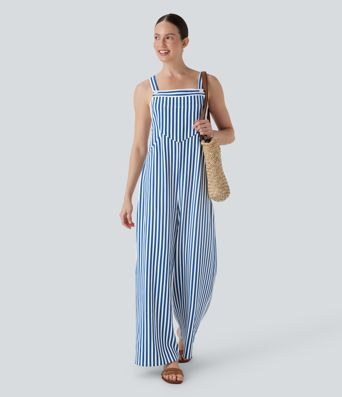 Pockets Stripe Waffle Overalls