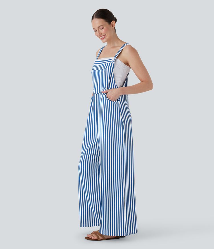 Pockets Stripe Waffle Overalls