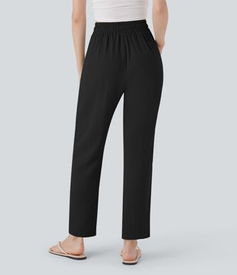 High Waisted Drawstring Casual Tapered Linen-Feel Trousers with Pockets High Waisted Drawstring Casual Tapered Linen-Feel Trousers with Pockets