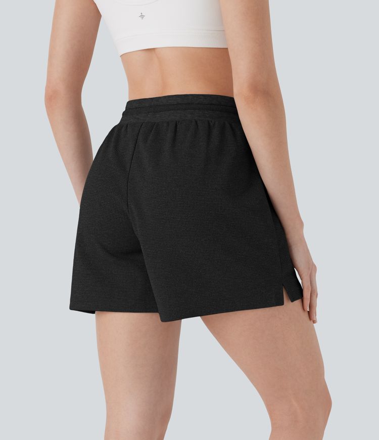 Hohe Taille Kordelzug Waffel Yoga Shorts mit Taschen Hohe Taille Kordelzug Waffel Yoga Shorts mit Taschen