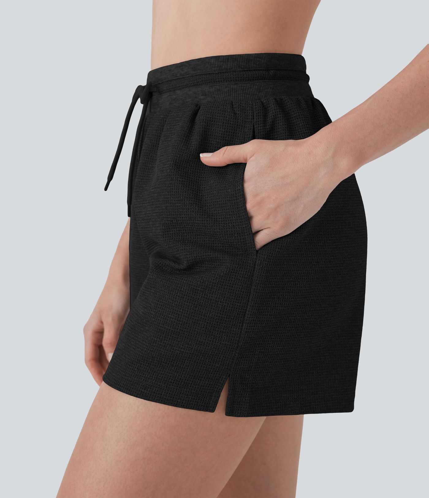 Hohe Taille Kordelzug Waffel Yoga Shorts mit Taschen Hohe Taille Kordelzug Waffel Yoga Shorts mit Taschen