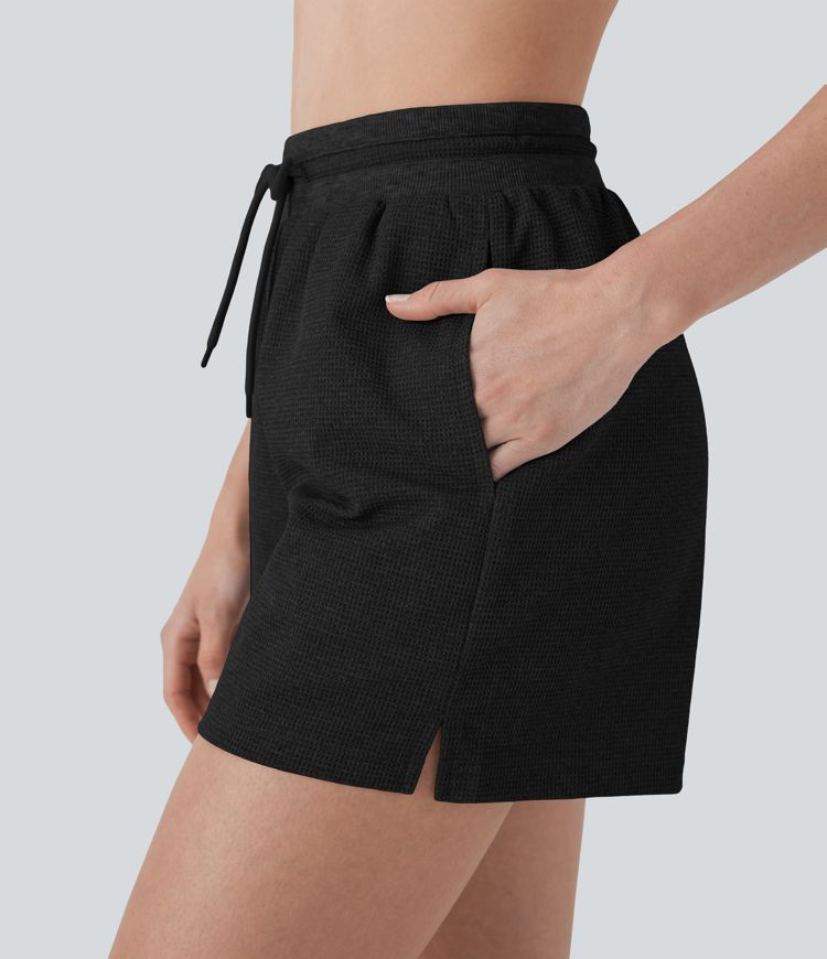Hohe Taille Kordelzug Waffel Yoga Shorts mit Taschen Hohe Taille Kordelzug Waffel Yoga Shorts mit Taschen