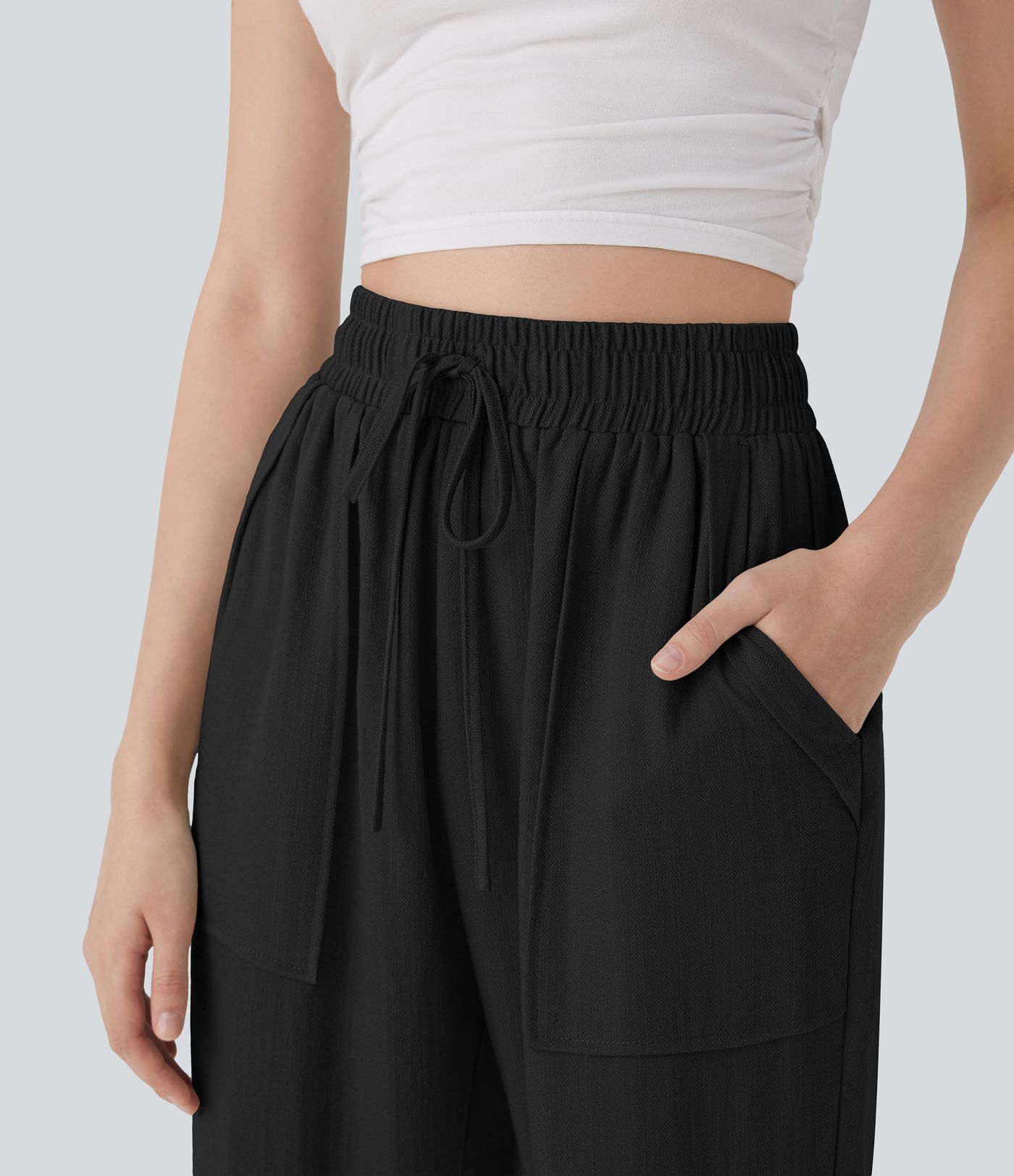 High Waisted Drawstring Casual Tapered Linen-Feel Trousers with Pockets High Waisted Drawstring Casual Tapered Linen-Feel Trousers with Pockets