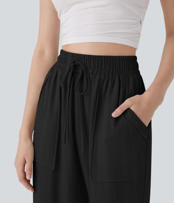 High Waisted Drawstring Casual Tapered Linen-Feel Trousers with Pockets High Waisted Drawstring Casual Tapered Linen-Feel Trousers with Pockets