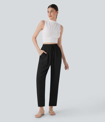 High Waisted Drawstring Casual Tapered Linen-Feel Trousers with Pockets High Waisted Drawstring Casual Tapered Linen-Feel Trousers with Pockets