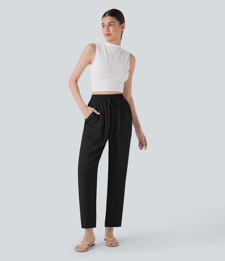 High Waisted Drawstring Casual Tapered Linen-Feel Trousers with Pockets High Waisted Drawstring Casual Tapered Linen-Feel Trousers with Pockets