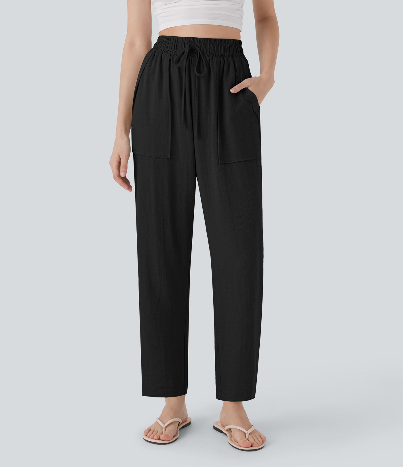 High Waisted Drawstring Casual Tapered Linen-Feel Trousers with Pockets High Waisted Drawstring Casual Tapered Linen-Feel Trousers with Pockets