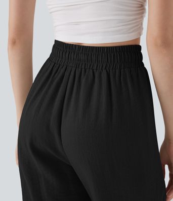 High Waisted Drawstring Casual Tapered Linen-Feel Trousers with Pockets High Waisted Drawstring Casual Tapered Linen-Feel Trousers with Pockets