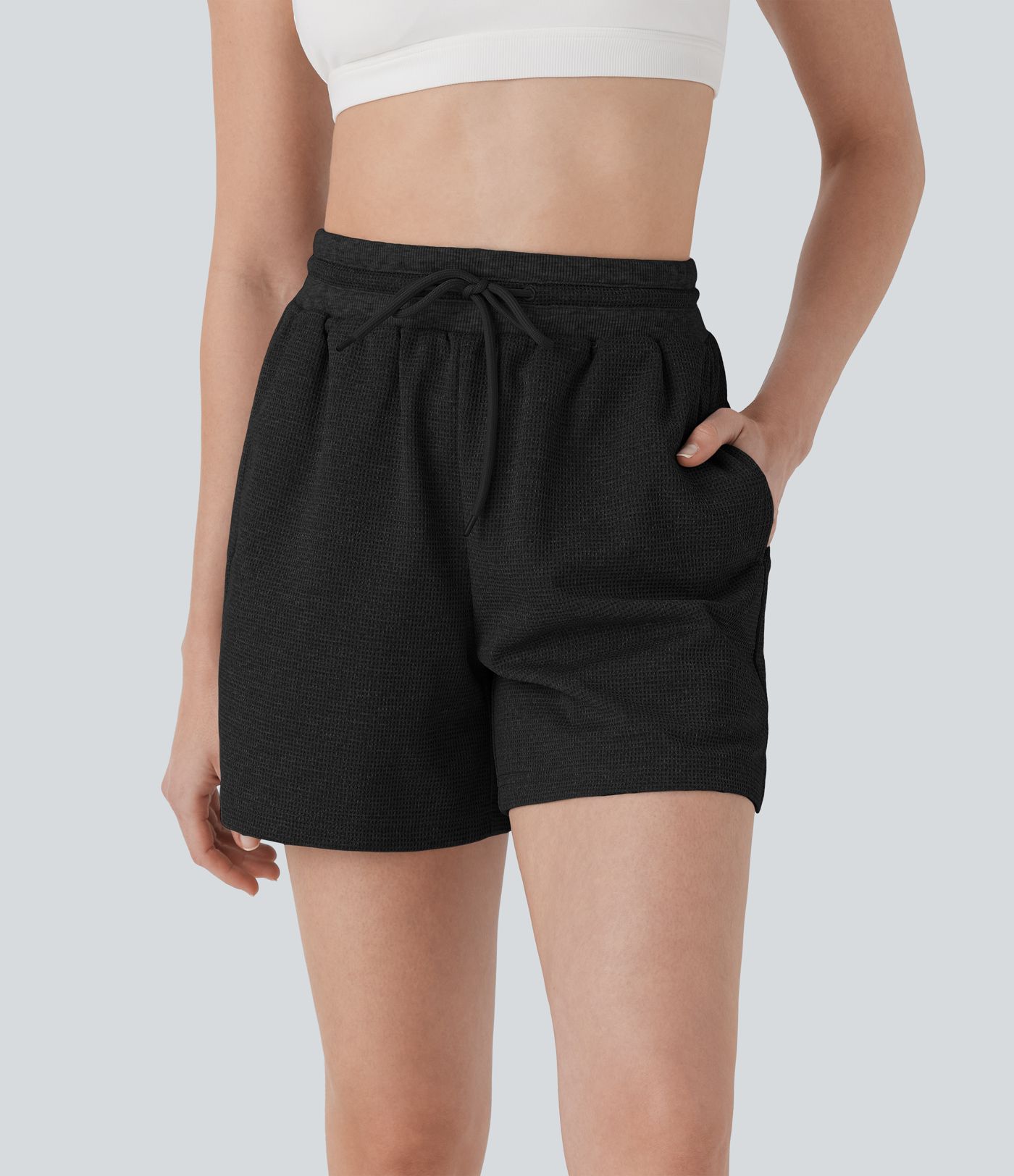 Hohe Taille Kordelzug Waffel Yoga Shorts mit Taschen Hohe Taille Kordelzug Waffel Yoga Shorts mit Taschen