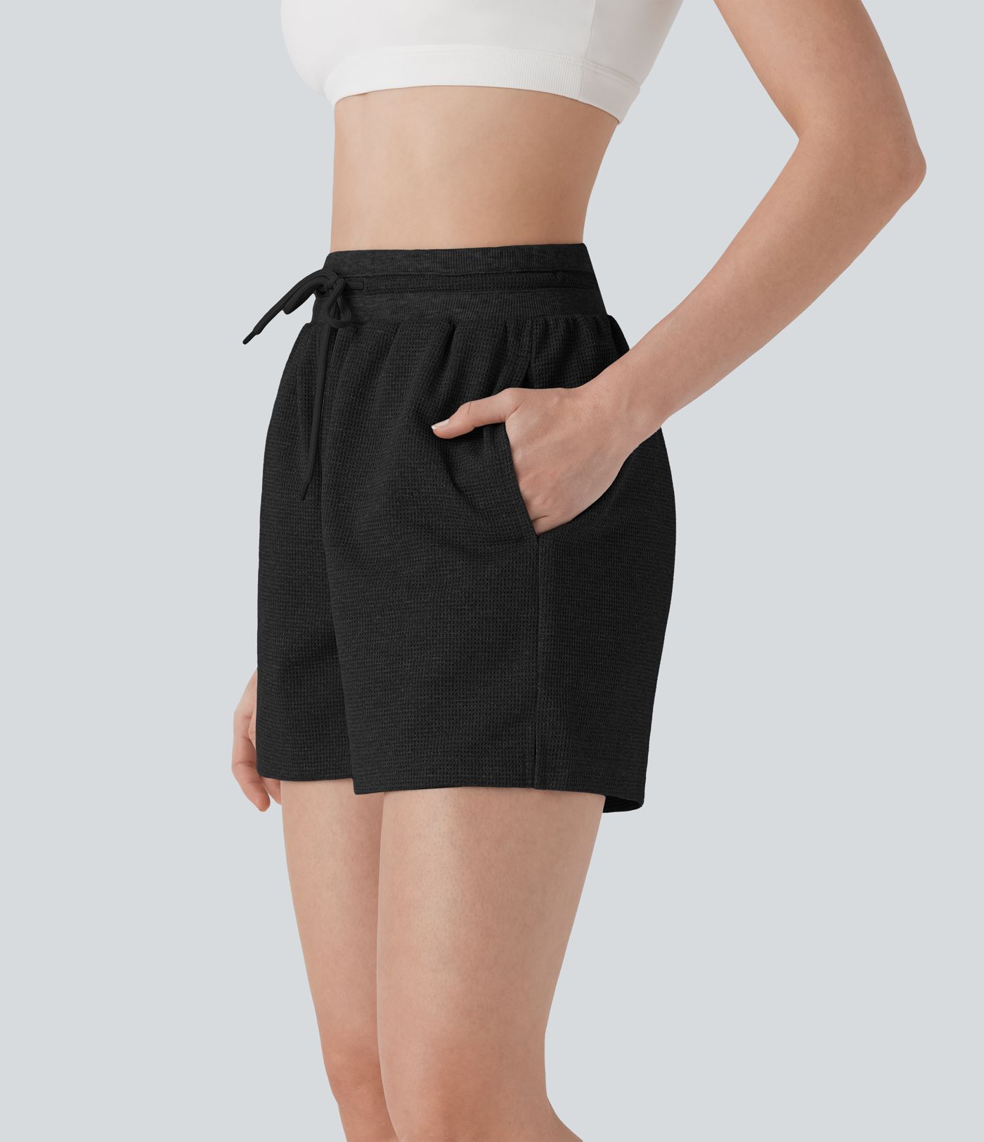 Hohe Taille Kordelzug Waffel Yoga Shorts mit Taschen Hohe Taille Kordelzug Waffel Yoga Shorts mit Taschen