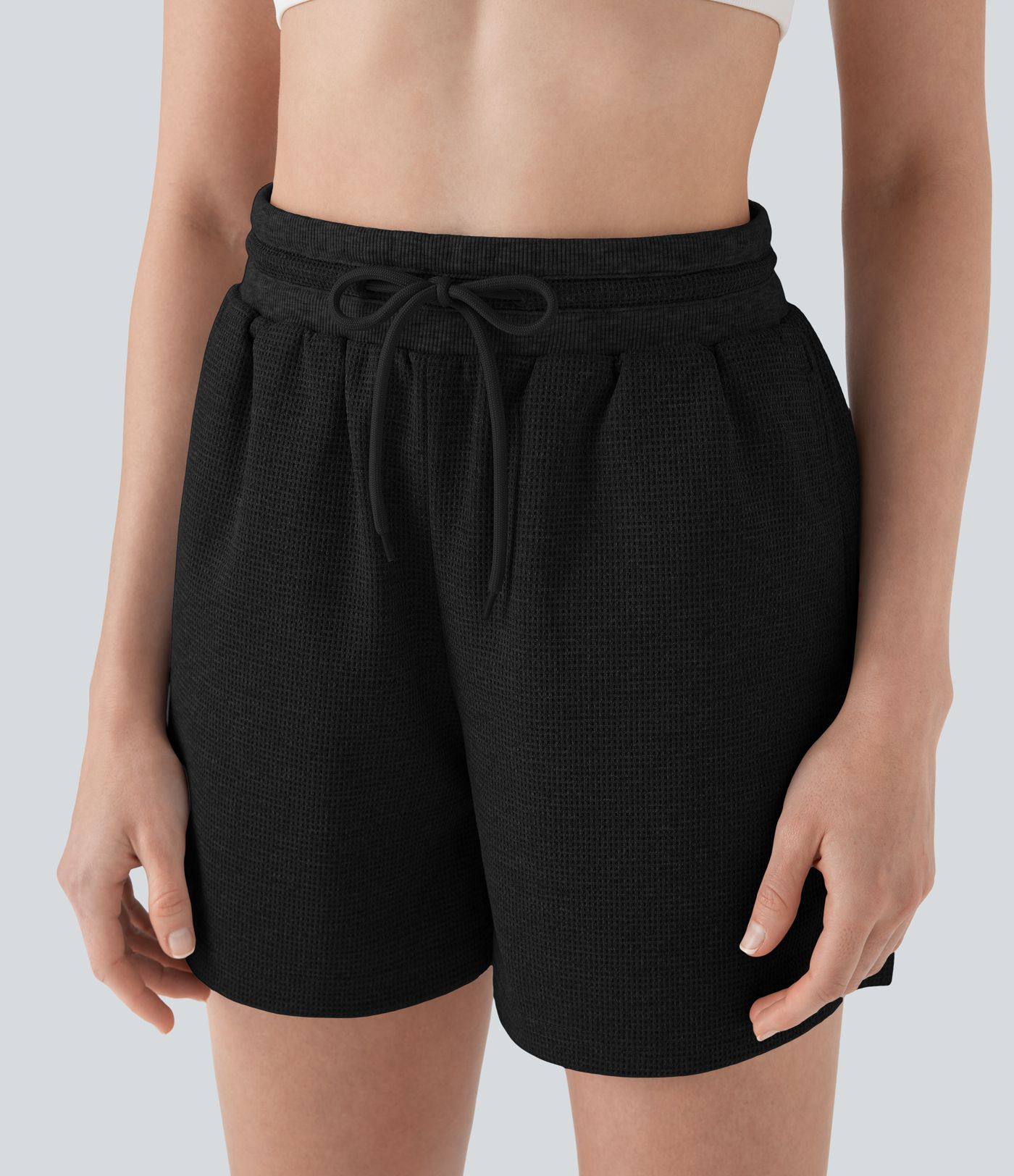 Hohe Taille Kordelzug Waffel Yoga Shorts mit Taschen Hohe Taille Kordelzug Waffel Yoga Shorts mit Taschen