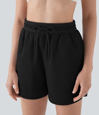 Hohe Taille Kordelzug Waffel Yoga Shorts mit Taschen Hohe Taille Kordelzug Waffel Yoga Shorts mit Taschen