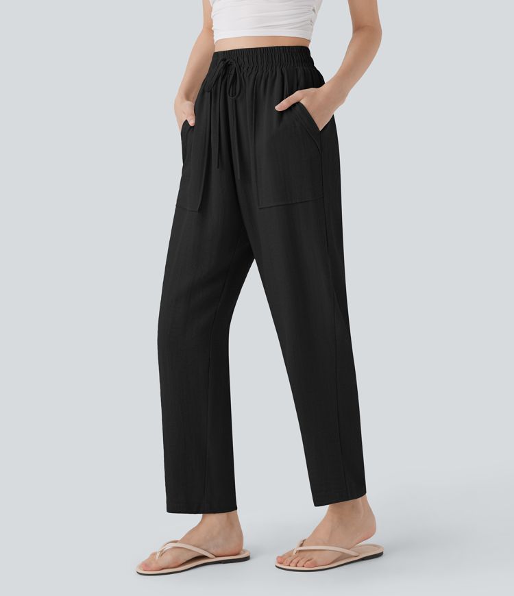 High Waisted Drawstring Casual Tapered Linen-Feel Trousers with Pockets High Waisted Drawstring Casual Tapered Linen-Feel Trousers with Pockets