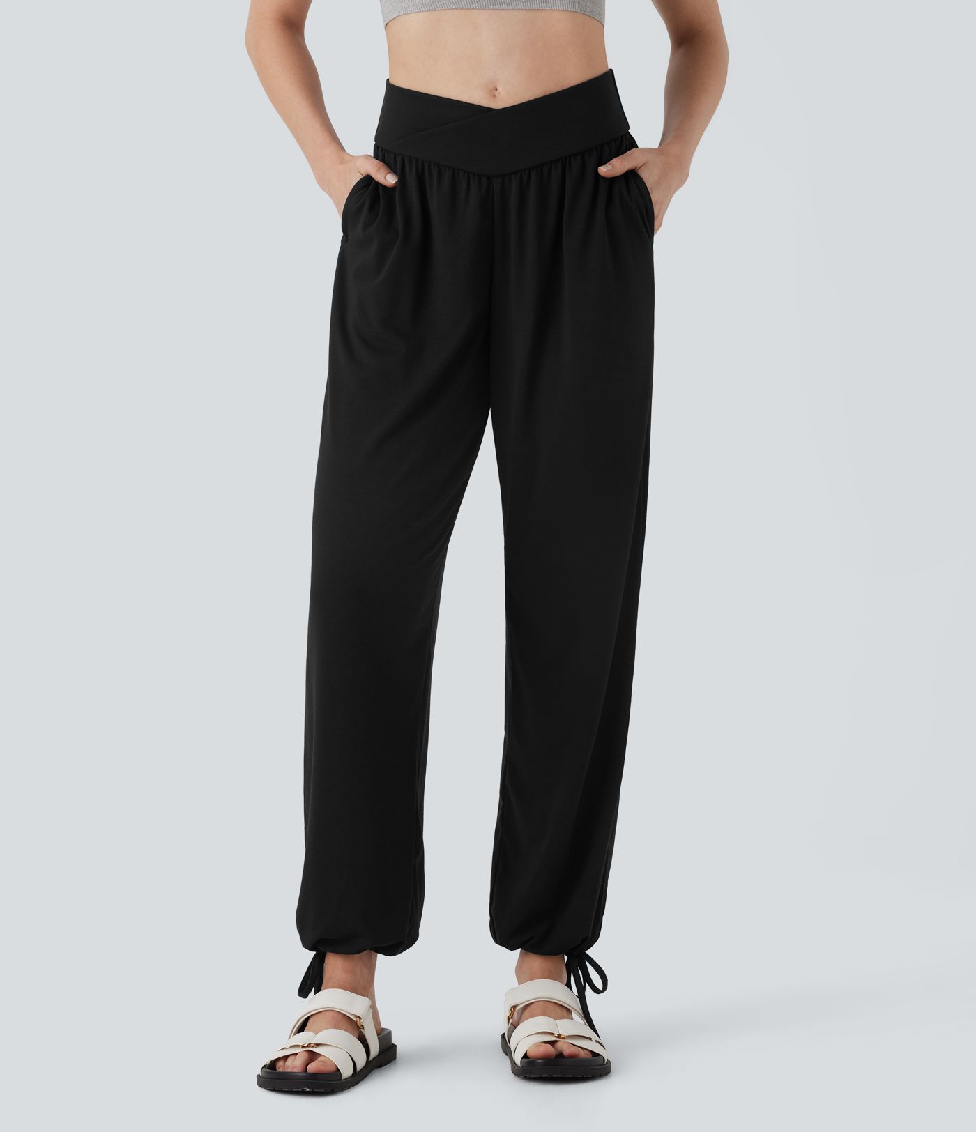 Crossover High Waisted Pocket Drawstring Casual Joggers