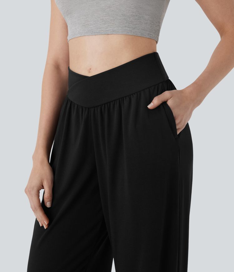 Crossover High Waisted Pocket Drawstring Casual Joggers