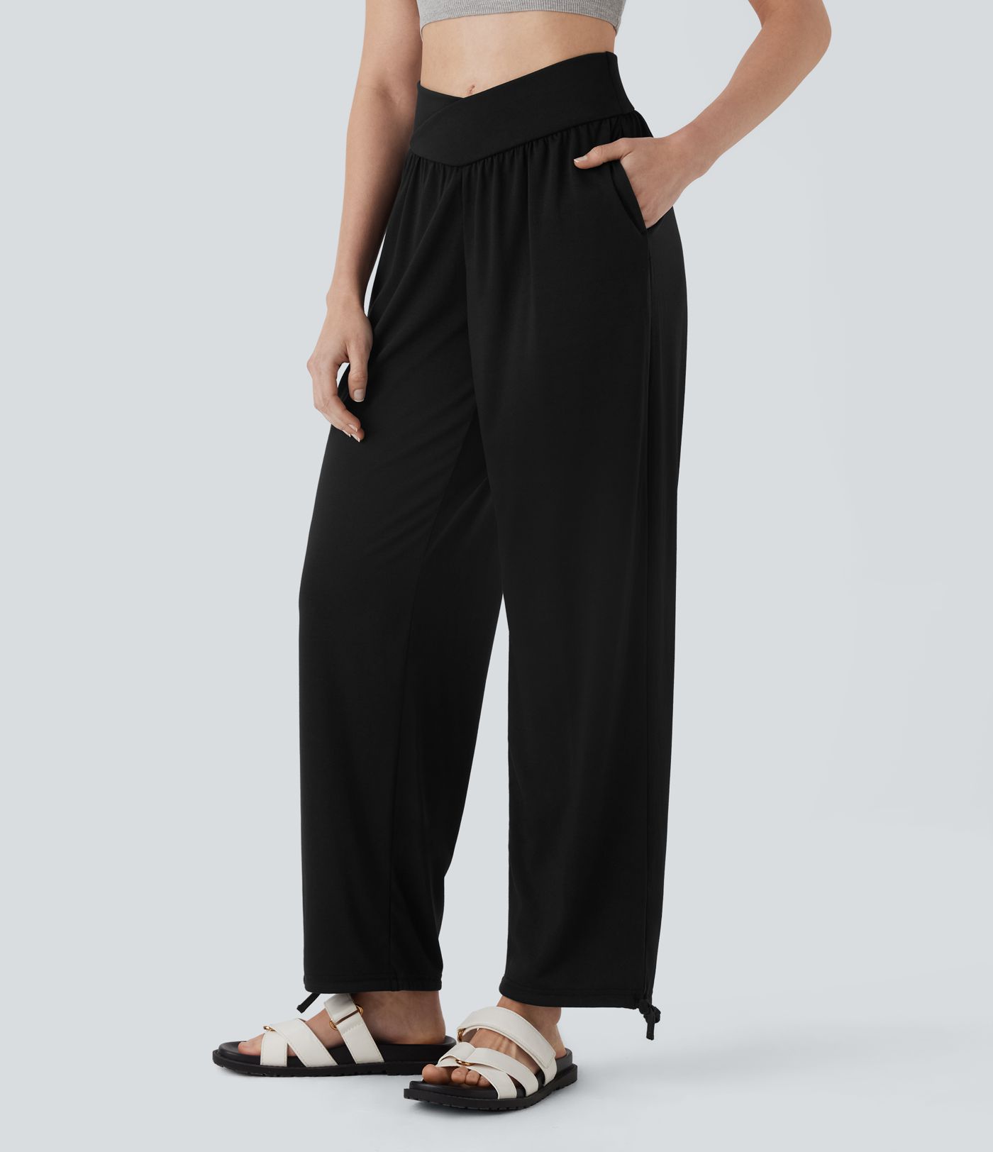 Crossover High Waisted Pocket Drawstring Casual Joggers