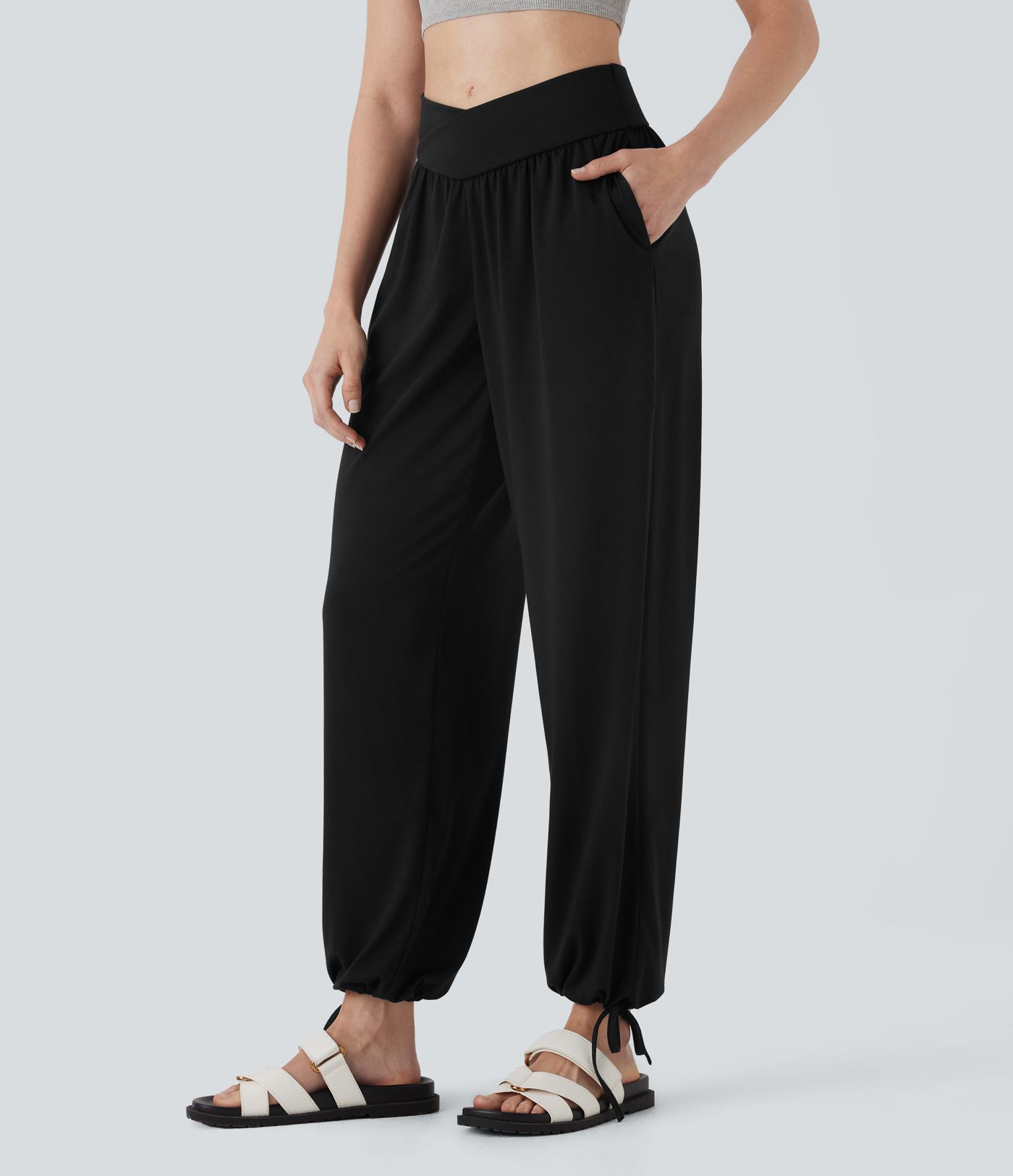 Crossover High Waisted Pocket Drawstring Casual Joggers