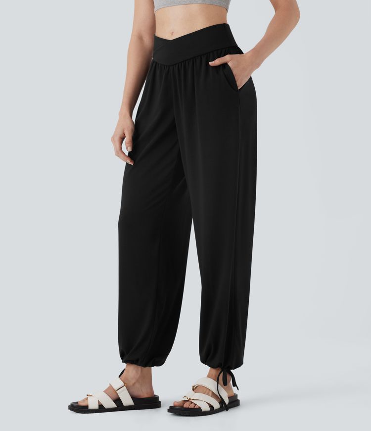 Crossover High Waisted Pocket Drawstring Casual Joggers